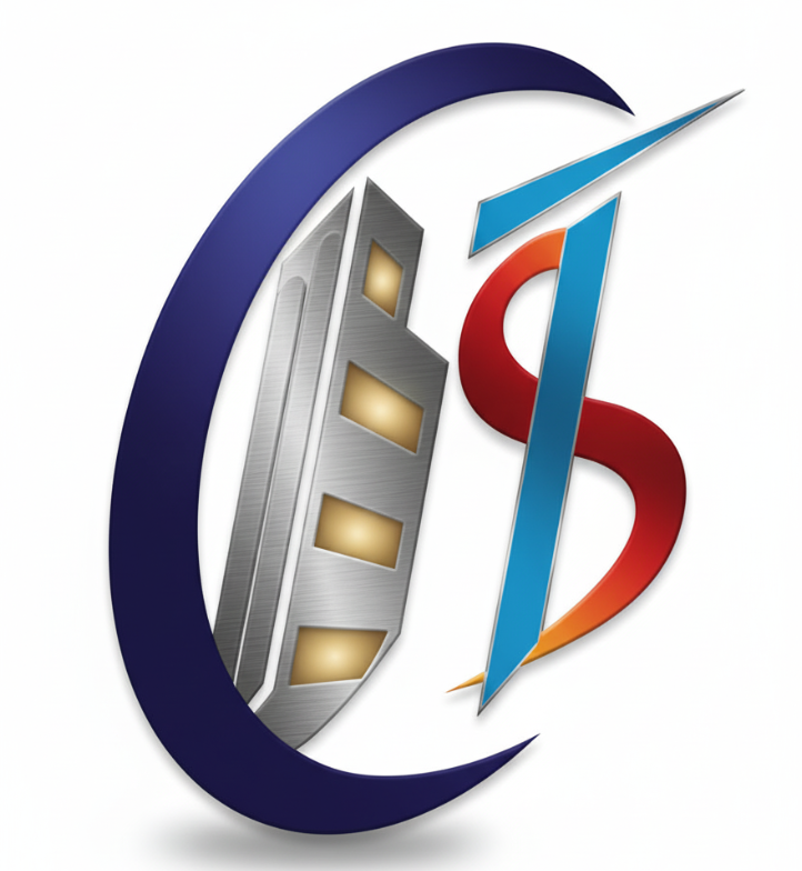 3D logo featuring a stylized silver building with glowing windows inside a dark blue crescent, alongside a blue and red abstract shape.