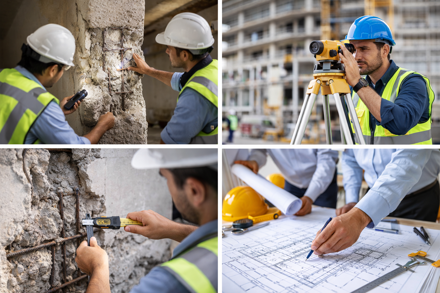 Collage of construction workers inspecting concrete, measuring rebar, using surveying equipment, and reviewing architectural blueprints.