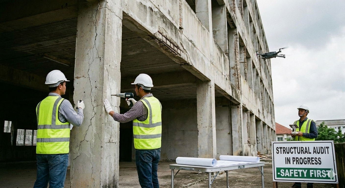 Two construction workers in safety vests inspecting large cracks on a concrete pillar, while a third worker operates a drone near a sign reading 'Structural Audit in Progress - Safety First.'