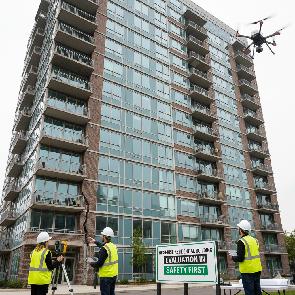 Three construction workers in safety vests and helmets evaluating a high-rise building with visible wall damage, using surveying equipment and a drone.