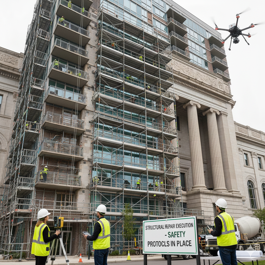Construction site with workers in safety vests and helmets, scaffolding on a building, and a drone flying nearby.