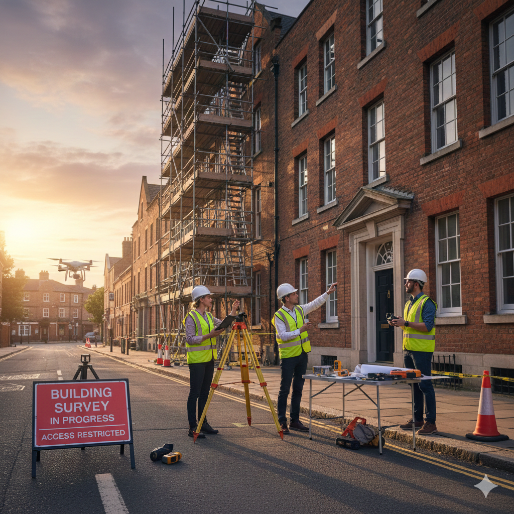 Three surveyors wearing hard hats and yellow vests conducting a building survey on a street with scaffolding and a drone flying nearby at sunset.