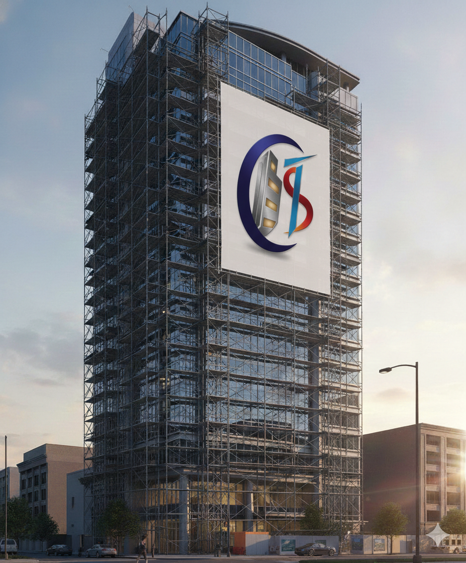Tall building under construction covered in scaffolding with a large banner displaying a building logo on the front.