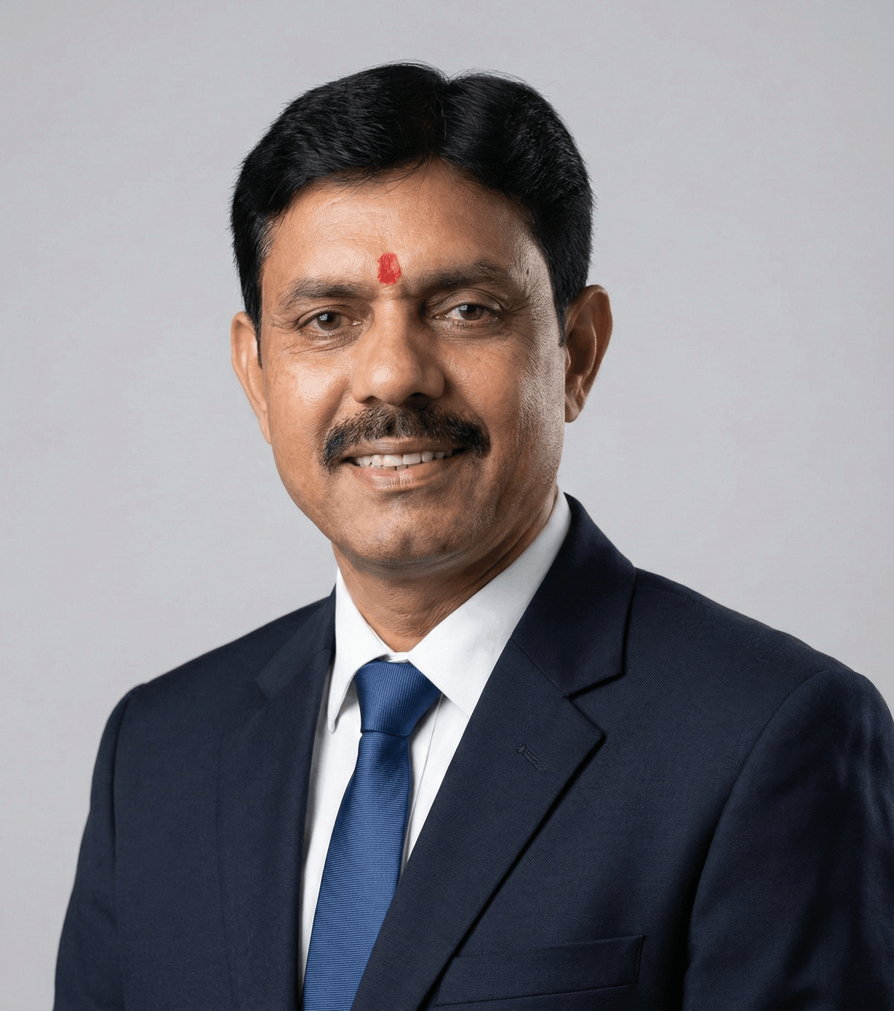 Portrait of a man with a mustache wearing a navy suit, white shirt, and blue tie, with a red mark on his forehead.